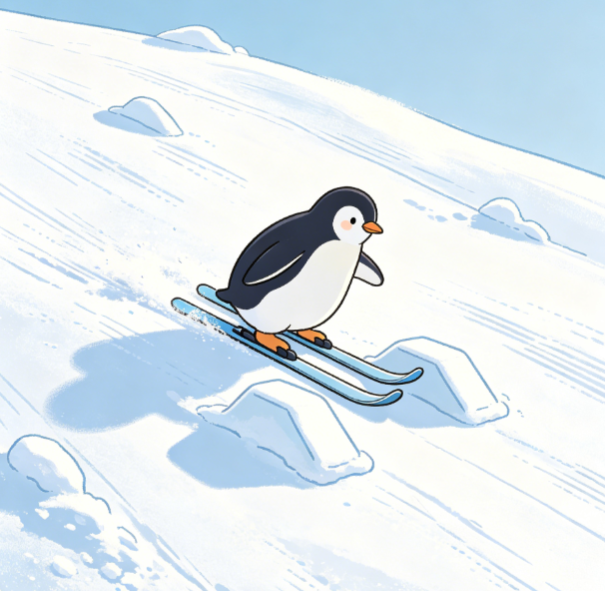 Penguin Skiing and Slope Correction on Snowy Slopes
